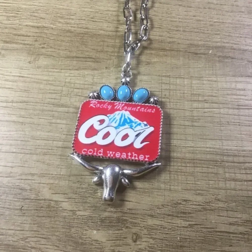 Western Cowboy Bull Head Silver Chain Necklace with Red and Turquoise Pendant